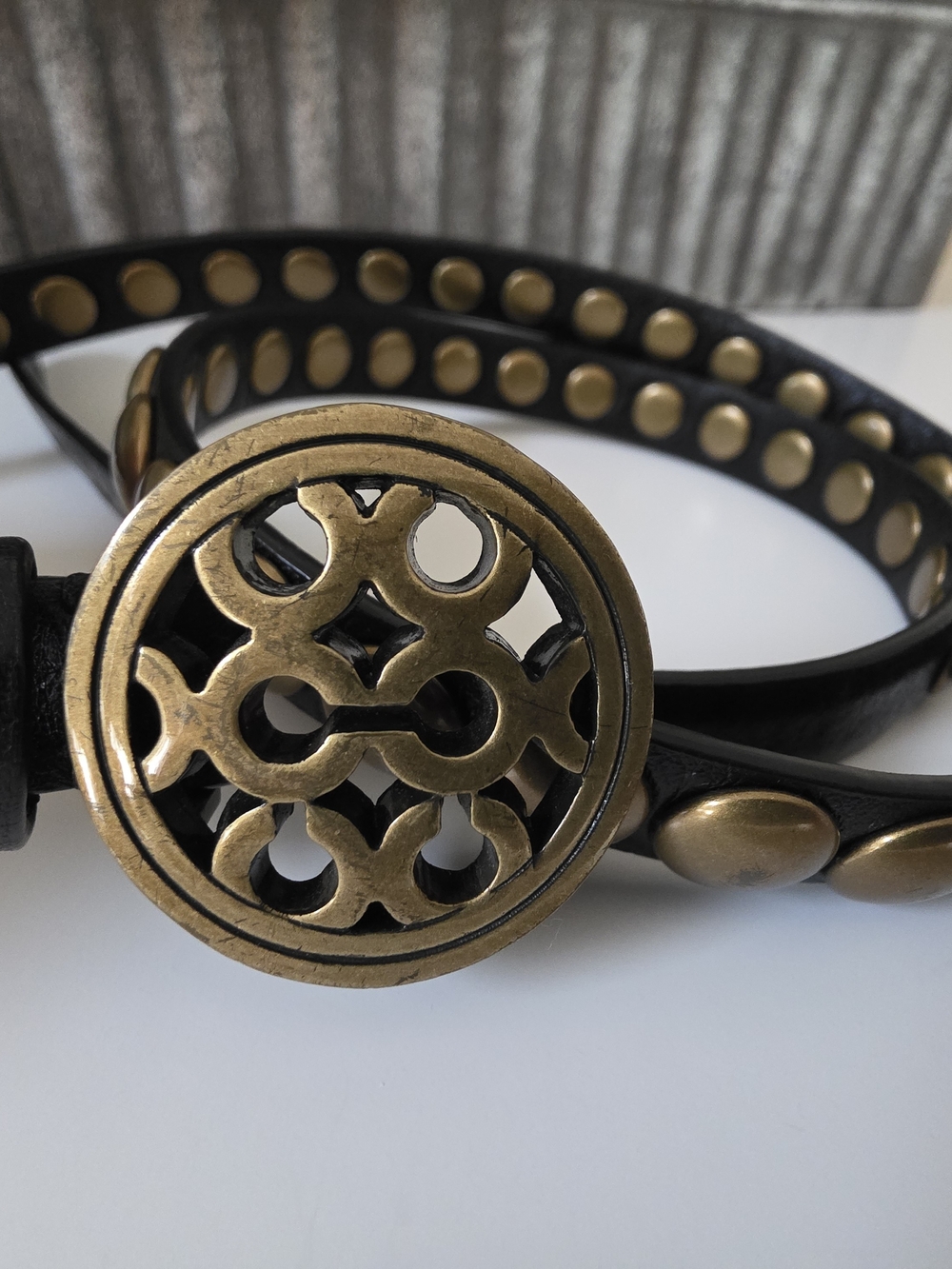 Coach Studded Leather Skinny Belt Black Brass Logo Buckle Medium - Picture 4 of 9